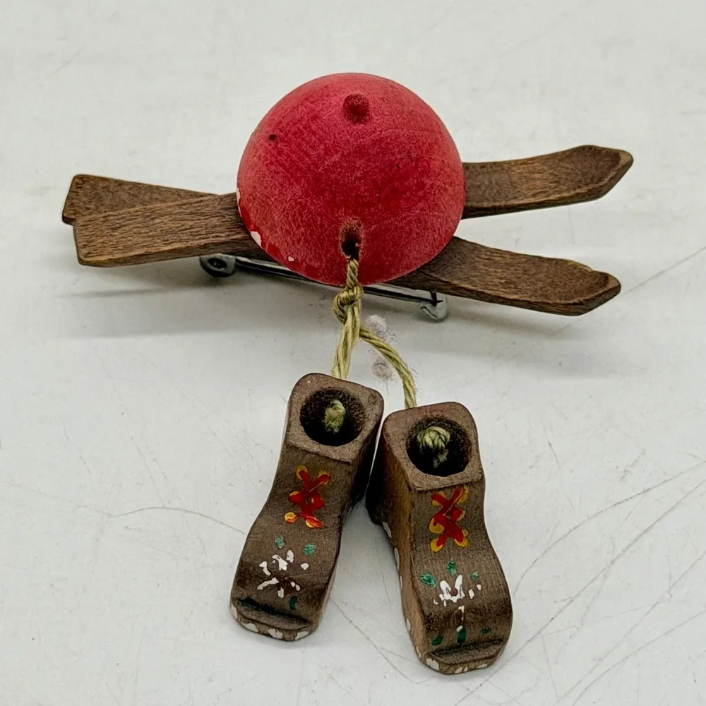 Vintage Wooden Ski Brooch Hand Painted Boots Alpine Winter Jewelry Vintage